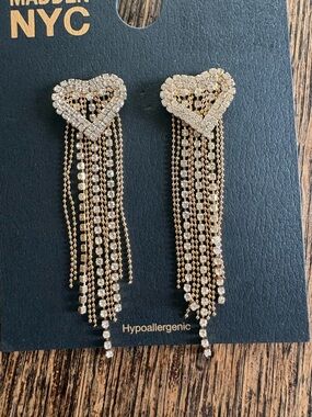 Maddim NYC Gold Crystal Heart Tassel Earrings